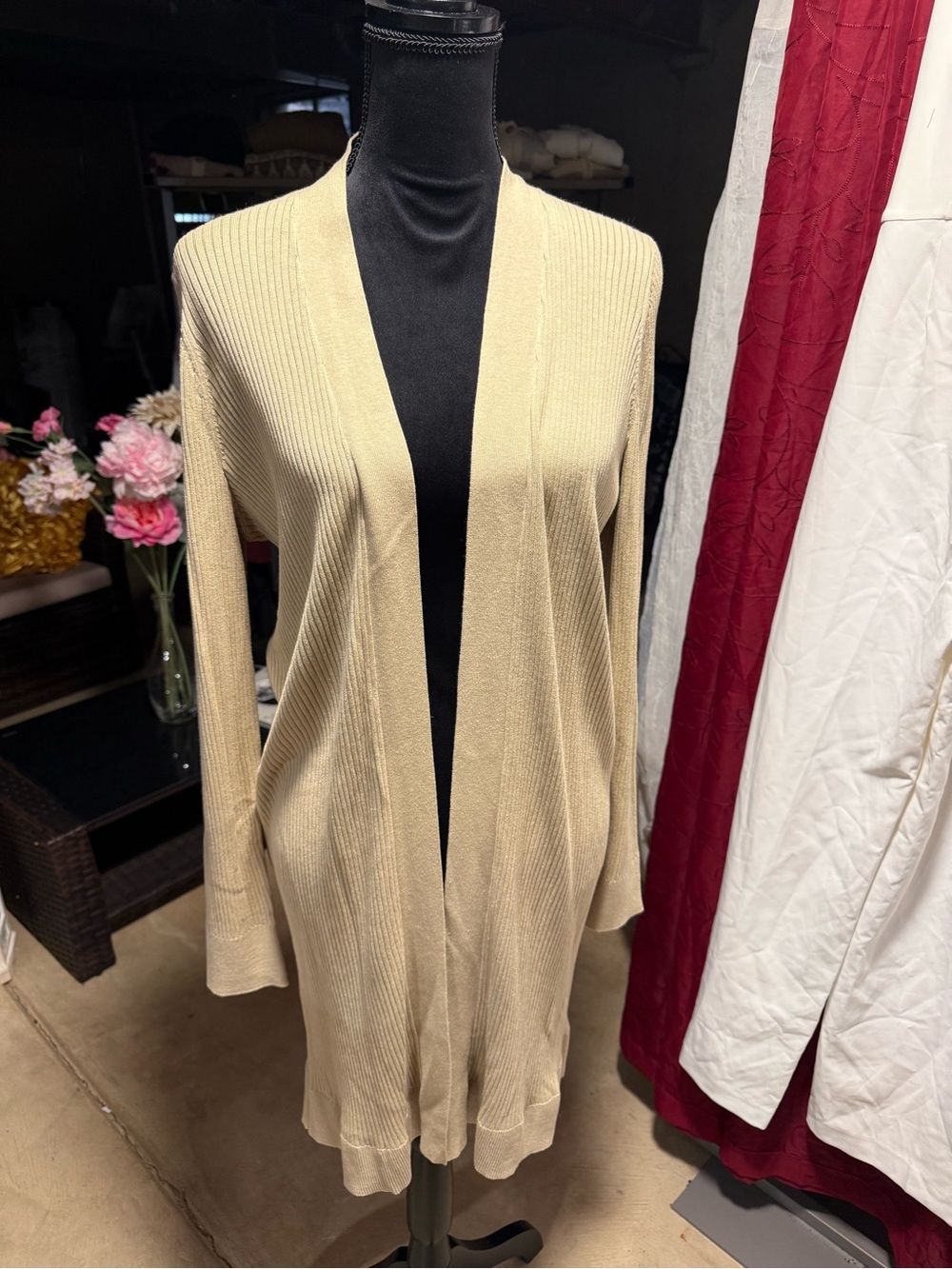 LOFT Long Cream Open-Front Ribbed Cardigan - Picture 3 of 7
